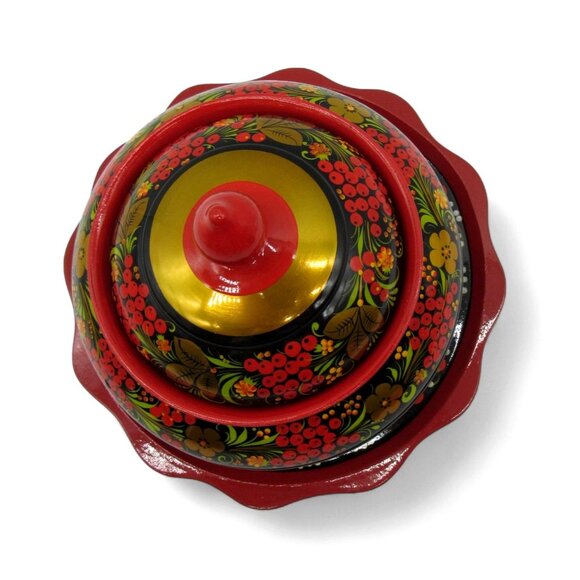 Lidded Sugar Bowl and Plate RUSSIAN LACQUERWARE from Russia - Picture 7 of 12